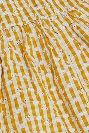 Escabel Kız Çocuk Elbise Çiçek Nakışlı Pötikare Desenli 5-9 Yaş, Hardal Sarı