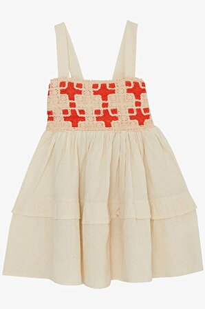 Escabel Kız Çocuk Elbise Triko Motifli Askılı 5-9 Yaş, Krem