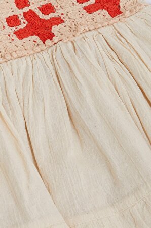 Escabel Kız Çocuk Elbise Triko Motifli Askılı 5-9 Yaş, Krem