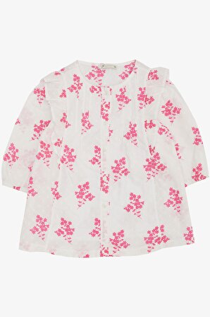 Escabel Kız Çocuk Gömlek Çiçek Desenli Kolları Lastikli 10-14 Yaş, Beyaz