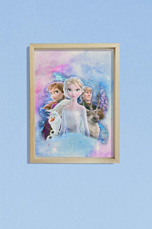Dekor Loft Doğal Çam Çerçeveli Bebek ve Çocuk Odası Duvar Tablosu Frozen Elsa ve Arkadaşları