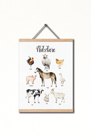 Dekor Loft Montessori Almanca Eğitici Pu Deri Çocuk Odası Duvar Posteri, Çiftlik Hayvanları