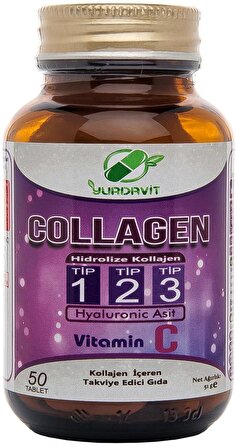 Yurdavit Hidrolize Kolajen Tip 1-2-3 2x50 Tablet Hyaluronik Asit C Vitamini Hydrolyzed Collagen 