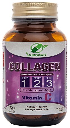 Yurdavit Hidrolize Collagen Type 1-2-3 Vitamin C Kolajen Tip 1-2-3 50 Tablet 