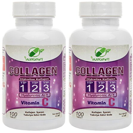 Yurdavit Hydrolyzed Collagen Type 1-2-3 2x100 Tablet Hyaluronic Acid Vitamin C Hidrolize Kolajen