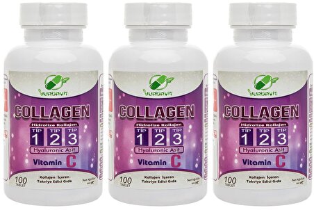 Yurdavit Hydrolyzed Collagen Type 1-2-3 3x100 Tablet Hyaluronic Acid Vitamin C Hidrolize Kolajen