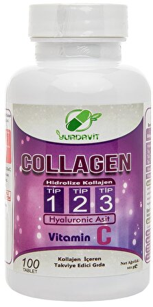 Yurdavit Hidrolize Collagen Type 1-2-3 Vitamin C Kolajen Tip 1-2-3 100 Tablet