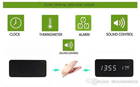 SGE LED AHŞAP MASAÜSTÜ SAAT TARİH ALARM TERMOMETRE SİYAH