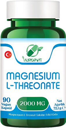 Yurdavit Magnesium L-Threonate 2000 Mg 90 Vegan Kapsül Magnezyum 159 Mg Magnezyum L-Treonat