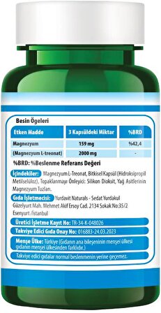 Yurdavit Magnesium L-Threonate 2000 Mg 90 Vegan Kapsül Magnezyum 159 Mg Magnezyum L-Treonat