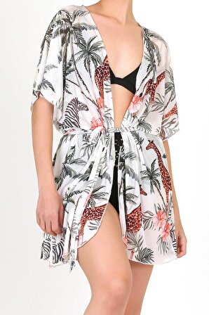Pareo PlaJ Elbisesi Kimono Std Tropikal Beyaz