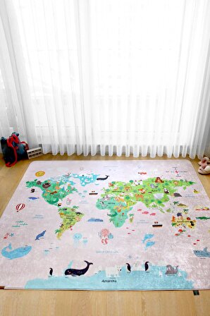 Dünya Haritası 120x160 cm Oyun Matı Bebek Ve Çocuk Halısı Pembe