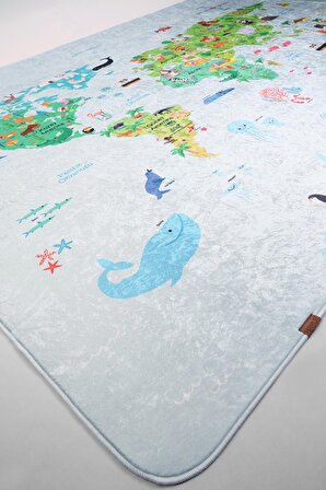  Dünya Haritası 150x150 cm Oyun Matı Bebek Ve Çocuk Halısı Mavi 