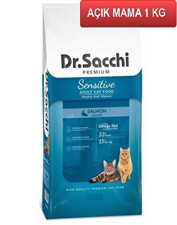 Dr.Sacchi Premium Sensitive Somonlu Yetişkin Kedi Maması 1 Kg AÇIK