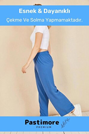 Yeni Sezon Terletmez Rahat Kalıp Beli Lastikli Bol Paça Salaş Yazlık Kadın Mavi Aerobin Pantolon