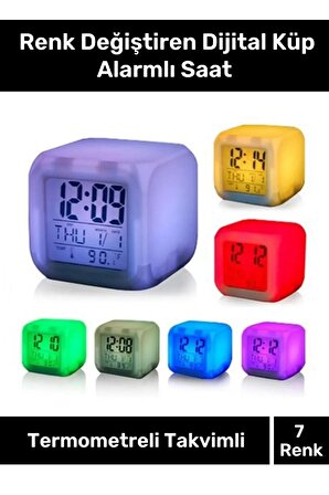 Hediyelik Dekoratif  Termometreli Takvimli 7 Renk Değiştiren Dijital Küp Alarmlı Masa Çalar Saat