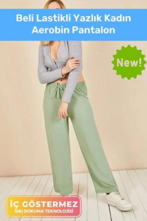 Yeni Sezon Terletmez Rahat Kalıp Beli Lastikli Bol Paça Salaş Yazlık Kadın Mint Aerobin Pantolon