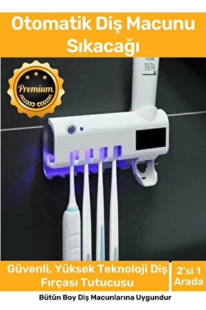Premium Usb Şarjlı Güneş Enerjili Otomatik Diş Macun Sıkacağı Sterilizatörlü 4 Adet Fırçalığı Tutucu