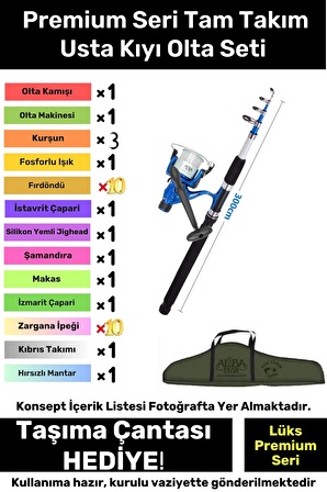 Özel Üretim Şık Taşıma Çantalı Hazır Kurulu Tam Takım Usta Kıyı Olta Seti - 3m Kamış Hediyeli