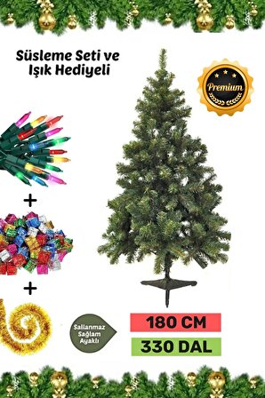 Premium Kutu Süsleme Seti Yılbaşı Çam Ağacı Renkli Işığı Yeni Yıl Süsleri Noel Paketi 180 Cm 330 Dal