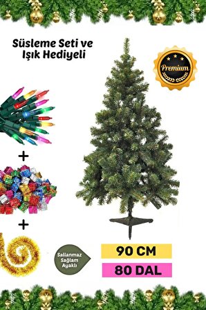 Premium Kutu Süsleme Seti Yılbaşı Çam Ağacı Renkli Işığı Yeni Yıl Süsleri Noel Paketi 90 Cm 80 Dal
