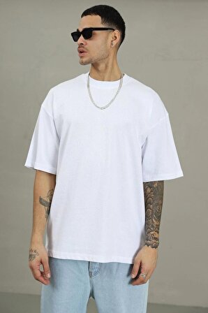 Oversize Beyaz Erkek T-shirt %100 Pamuk, Kalın Dokulu