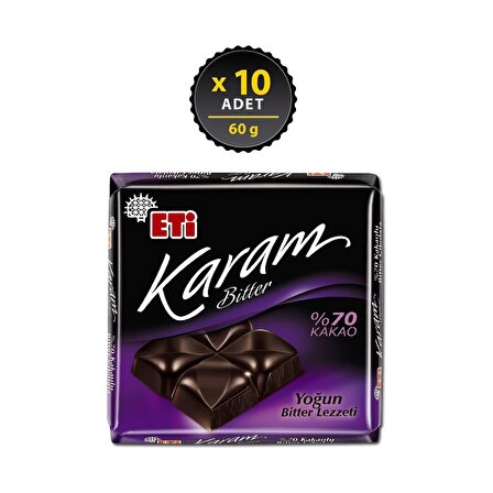 Eti Karam %70 Kakaolu Bitter Çikolata 60 g x 10 Adet