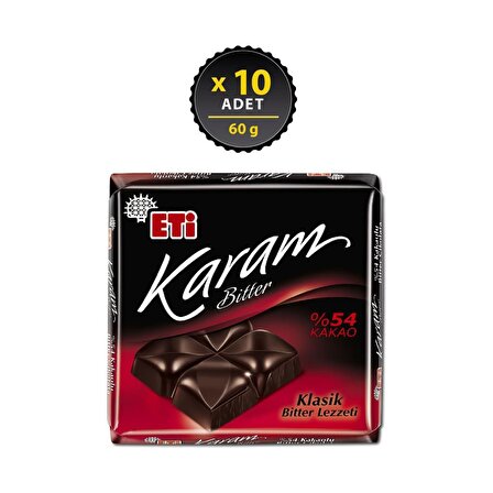 Eti Karam %54 Kakaolu Bitter Çikolata 60 g x 10 Adet