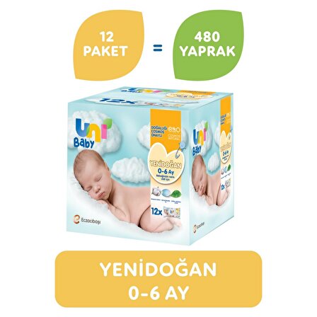 Uni Baby Yenidoğan Alkolsüz-Parfümsüz 12 x 40 Yaprak 12 Paket Islak Mendil
