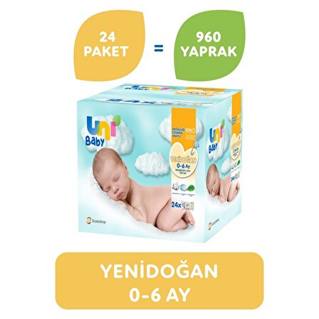 Uni Baby Yenidoğan Alkolsüz-Parfümsüz 24 x 40 Yaprak 24 Paket Islak Mendil