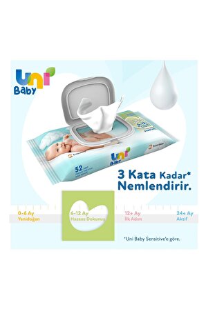 Uni Baby Hassas Dokunuş Alkolsüz-Parfümsüz 3 x 52 Yaprak 3 Paket Islak Mendil