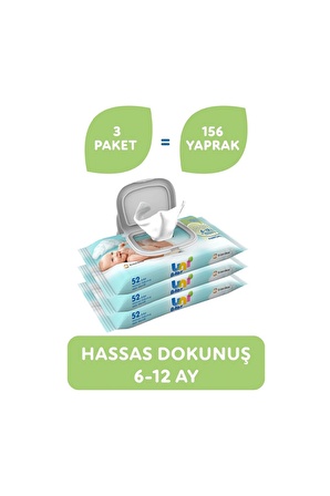 Uni Baby Hassas Dokunuş Alkolsüz-Parfümsüz 3 x 52 Yaprak 3 Paket Islak Mendil