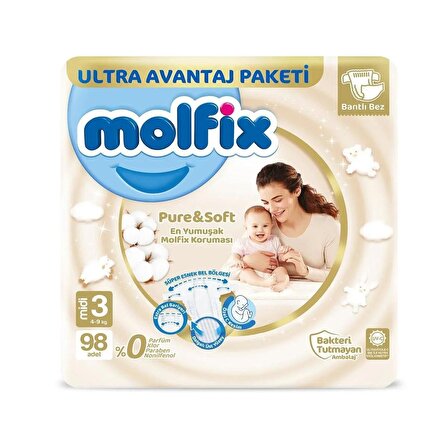 Molfix Ultra Avantaj Paketi Pure&Soft Midi 3 Numara Bebek Bezi 98 Adet 4-9 kg