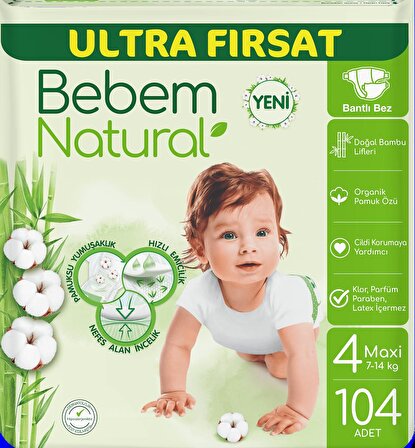 Bebem Natural 4 Numara Maxi 104'lü Bel Bantlı Bez