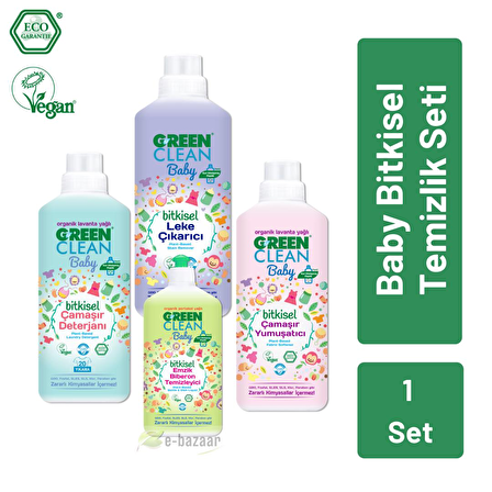 U Green Clean Baby Bitkisel Çamaşır Yumuşatıcı 1000 ml + Çamaşır Deterjanı + Leke Çıkarıcı 1000 ml ve Emzik Temizleyici 500 ml  - 4'lü Paket