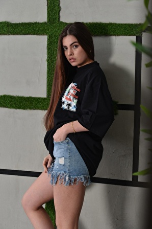 La Sırt Baskılı Oversize Unisex Siyah Tshirt