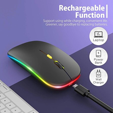 Siyah RGB Şarjlı Kablosuz 1600DPI Işıklı Kablosuz Mouse Bwm6