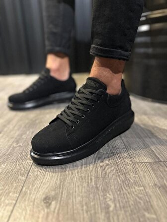 Pabucmarketi Yüksek Taban Günlük Erkek Ayakkabı Siyah Süet (Siyah Taban)