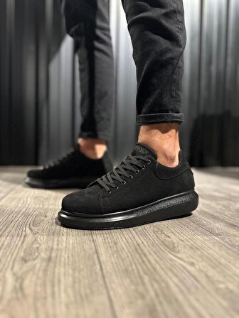 Pabucmarketi Yüksek Taban Günlük Erkek Ayakkabı Siyah Süet (Siyah Taban)