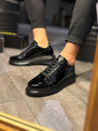 Pabucmarketi Yüksek Taban Günlük Erkek Ayakkabı Siyah Rugan (Siyah Taban)