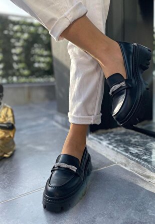 Pabucmarketi Siyah Suni Deri Günlük Oxford Kadın Ayakkabı
