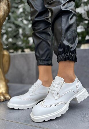 Pabucmarketi Beyaz Suni Deri Bağcıklı Günlük Oxford Kadın Ayakkabı