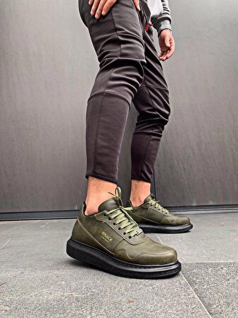 Pabucmarketi Yüksek Taban Günlük Erkek Ayakkabı Haki Yeşil (Siyah Taban)