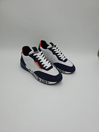 Pabucmarketi T605 Bağcıklı Mavi Beyaz Turuncu Termo Taban Suni Deri Erkek Spor Ayakkabı