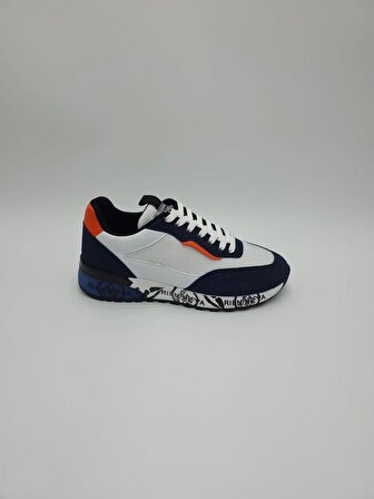 Pabucmarketi T605 Bağcıklı Mavi Beyaz Turuncu Termo Taban Suni Deri Erkek Spor Ayakkabı