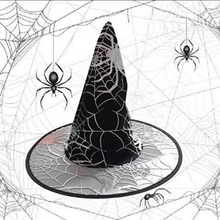 Cadılar Bayramı Cadı Şapkası Siyah/Gümüş Örümcek Desenli