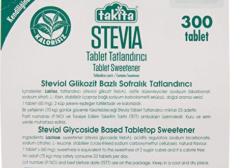 Takita Stevia Tablet Doğal Tatlandırıcı 300 Tablet 18 gr