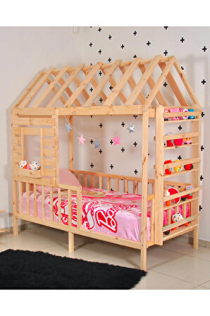 Montessori Yatak Çocuk Yatak Raf Çatılı Doğal Çam 90x190 Menekşe