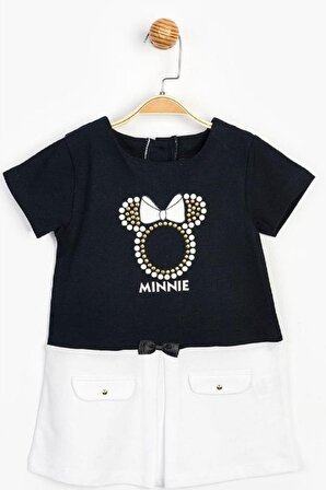 Kız Çocuk Siyah Beyaz  Minnie Mouse & Taş Baskılı Elbise 15513