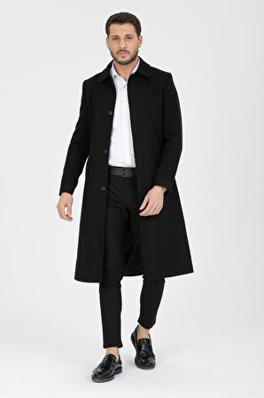 Erkek Siyah Dar Kesim Uzun Yün Karışımlı Kaşe Gömlek Yaka Palto&Kaban